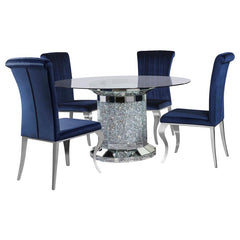 Ellie 5-piece Cylinder Pedestal Dining Room Set Mirror and Ink Blue - 115551-S5B
