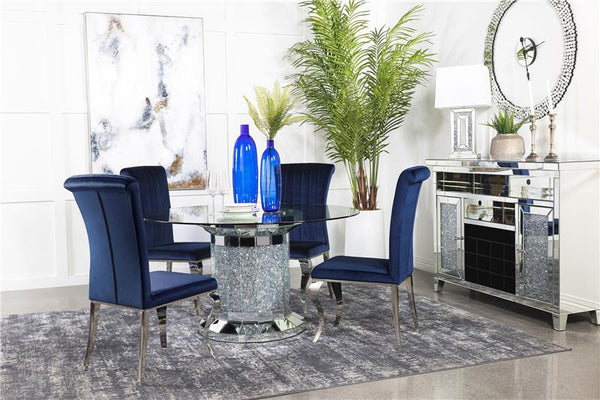 Ellie 5-piece Cylinder Pedestal Dining Room Set Mirror and Ink Blue - 115551-S5B