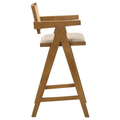 Kane Solid Wood Bar Stool with Woven Rattan Back and Upholstered Seat Light Walnut (Set of 2) - 182677