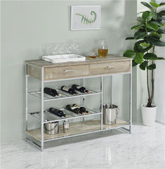 Melrose 2-shelf Wine Cabinet with 2 Drawers Gray Washed Oak and Chrome - 182275