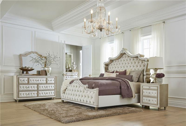 Antonella Upholstered Eastern King Panel Bed Ivory and Camel - 223521KE