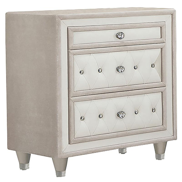 Antonella Upholstered 3-drawer Nightstand Ivory and Camel - 223522