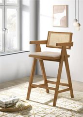 Kane Solid Wood Bar Stool with Woven Rattan Back and Upholstered Seat Light Walnut (Set of 2) - 182677