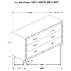 Melody 6-drawer Upholstered Dresser Pacific Blue - 223373