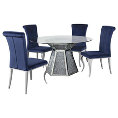 Quinn 5-piece Hexagon Pedestal Dining Room Set Mirror and Ink Blue - 115561-S5B
