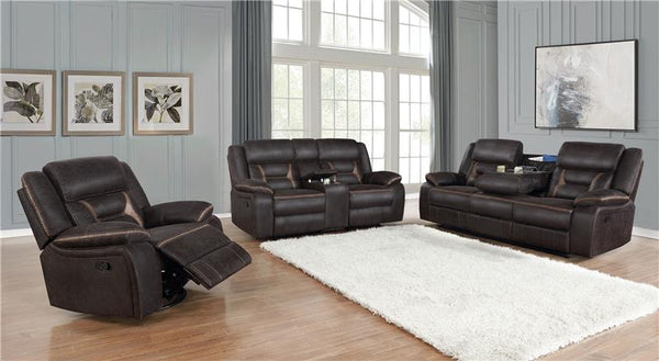 Greer Upholstered Motion Reclining Loveseat Brown - 651355