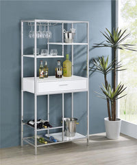 Figueroa 5-shelf Wine Cabinet with Storage Drawer White High Gloss and Chrome - 182034