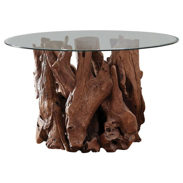 Asbury Round Glass Top Dining Table Clear and Natural Teak - 109511BG