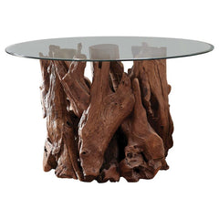 Asbury Round Glass Top Dining Table Clear and Natural Teak - 109511BG