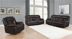 Greer Upholstered Motion Reclining Sofa Brown - 651354